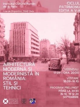 Afișul expoziției Arhitectură modernă și modernistă în România: stil și tehnici, ICR Paris.